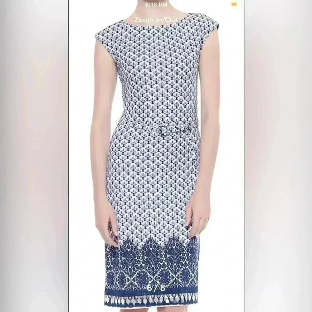 Jamie Cap-Sleeve Sheath Dress, Border Coast White/ Blue Womens Size M